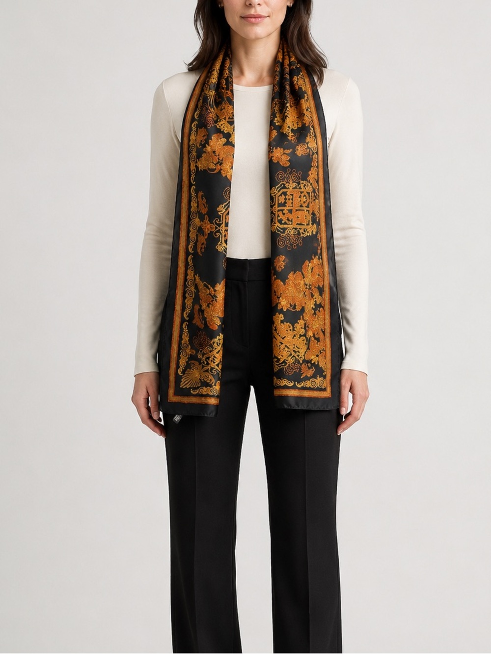 Black Gold Baroque Heraldic Crest Floral Long Scarf 15 x 60